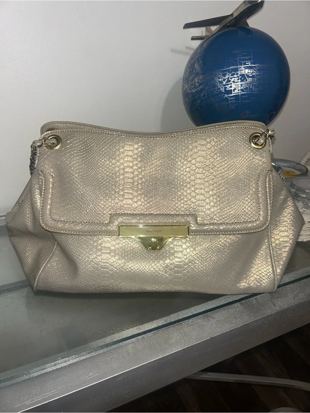 Nine West Metallic Champagne Snake-Embossed Shoulder Bag with Gold Hardware